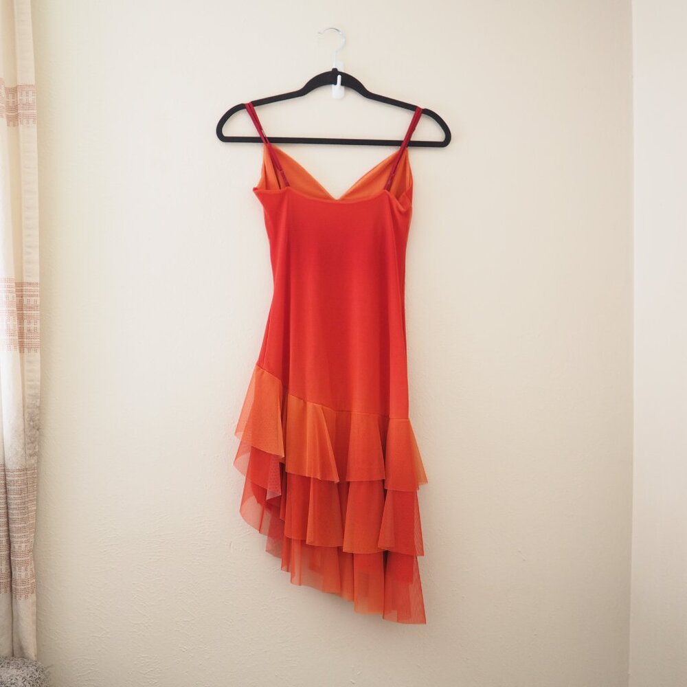 NWT Vintage Ema Savahl Orange Spaghetti Strap Mesh Tiered Ruffle Asymmetrical - Picture 5 of 7